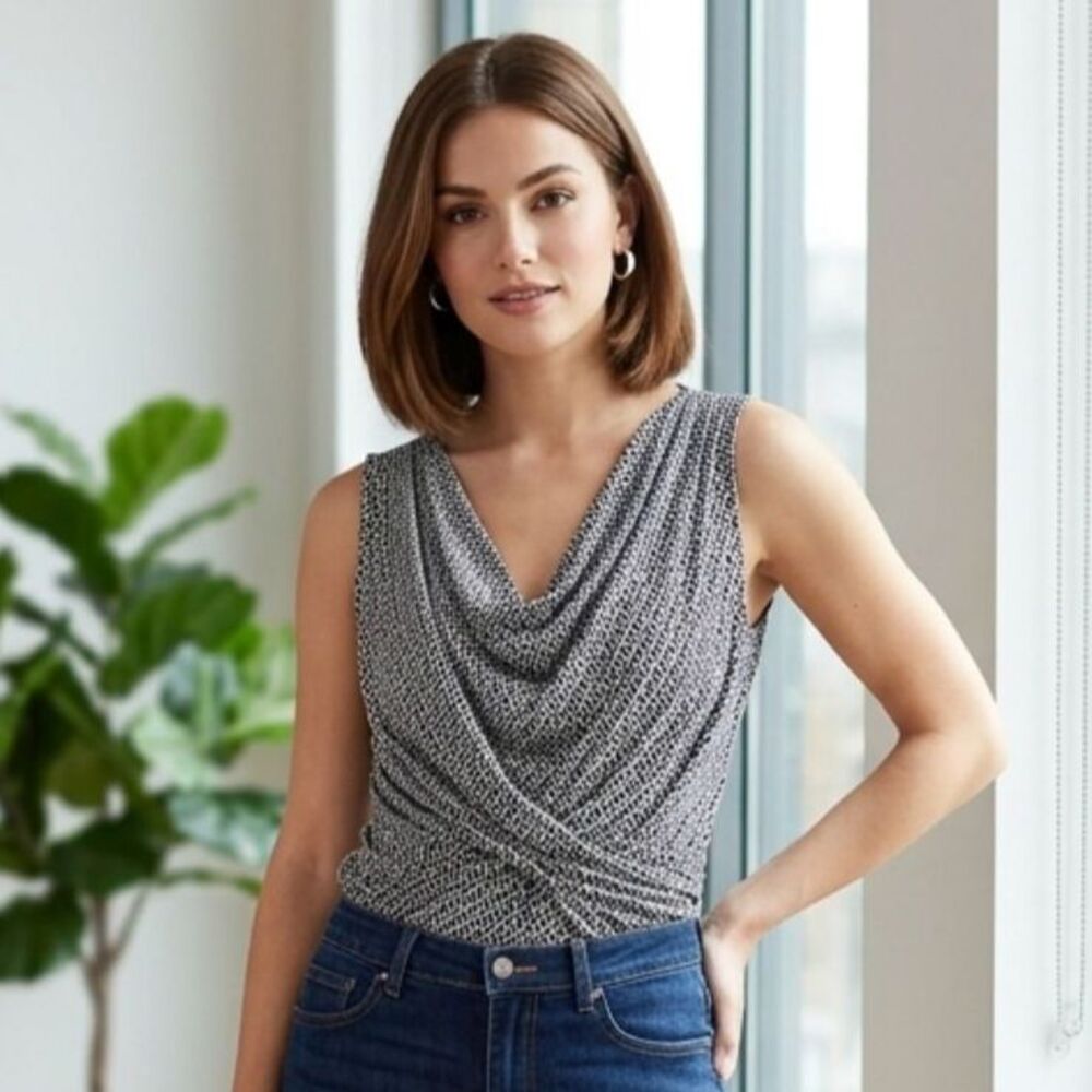 New York & Company Cowl Neck Wrap Top Small S Black White Geometric Stretch